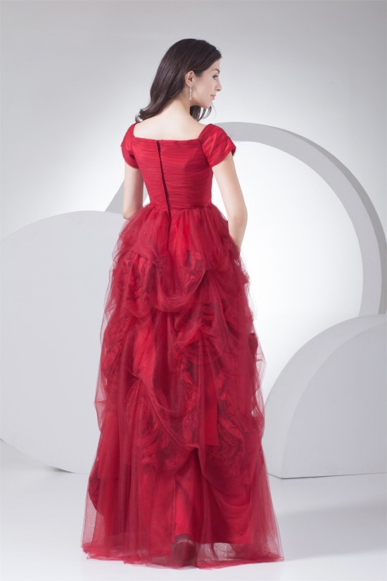 Floor-Length Satin Fine Netting Short Sleeve V-Neck Prom/Formal Evening Dresses 02020191