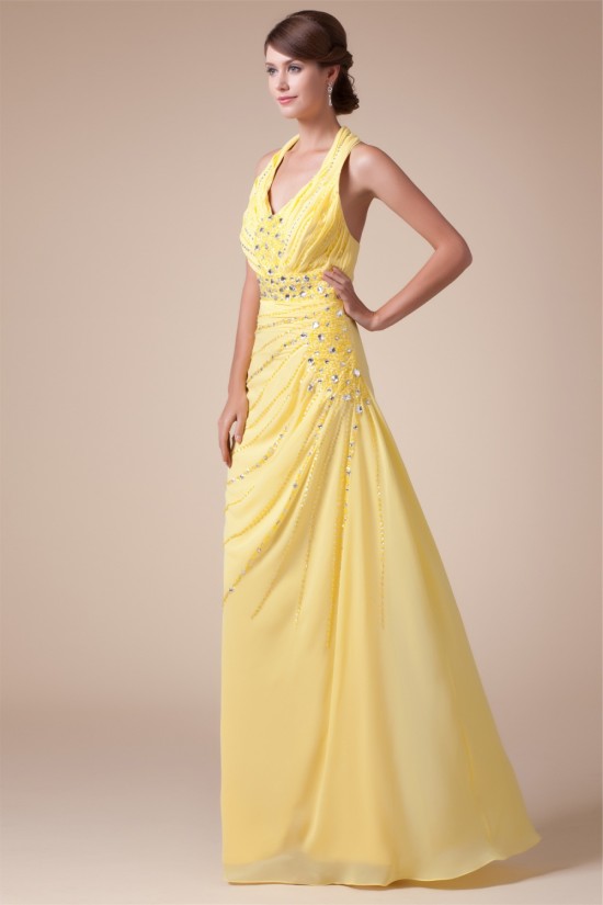 Halter Sleeveless Beading Chiffon Long Yellow Prom Evening Bridesmaid Dresses 02020206 Halter Sleeveless Beading Chiffon Long Yellow Prom Evening Bridesmaid Dresses 02020206