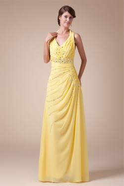 Halter Sleeveless Beading Chiffon Long Yellow Prom Evening Bridesmaid Dresses 02020206