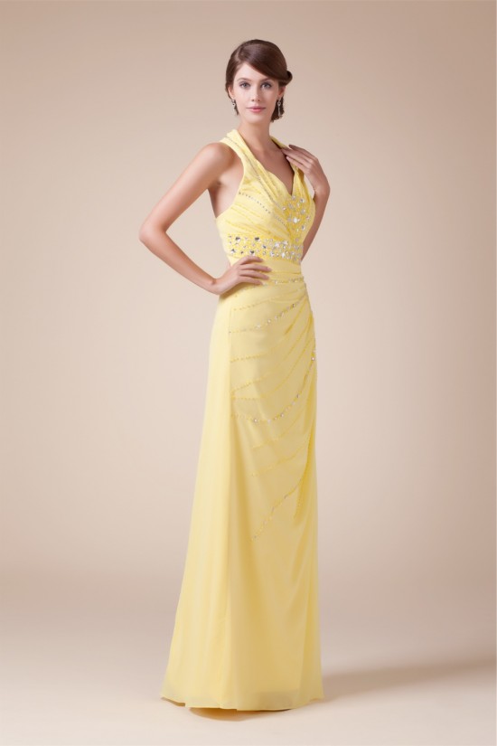 Halter Sleeveless Beading Chiffon Long Yellow Prom Evening Bridesmaid Dresses 02020206 Halter Sleeveless Beading Chiffon Long Yellow Prom Evening Bridesmaid Dresses 02020206