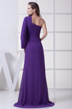 Long Sleeves Brush Sweep Train Ruched Chiffon Long Purple Prom/Formal Evening Dresses 02020215