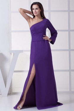Long Sleeves Brush Sweep Train Ruched Chiffon Long Purple Prom/Formal Evening Dresses 02020215
