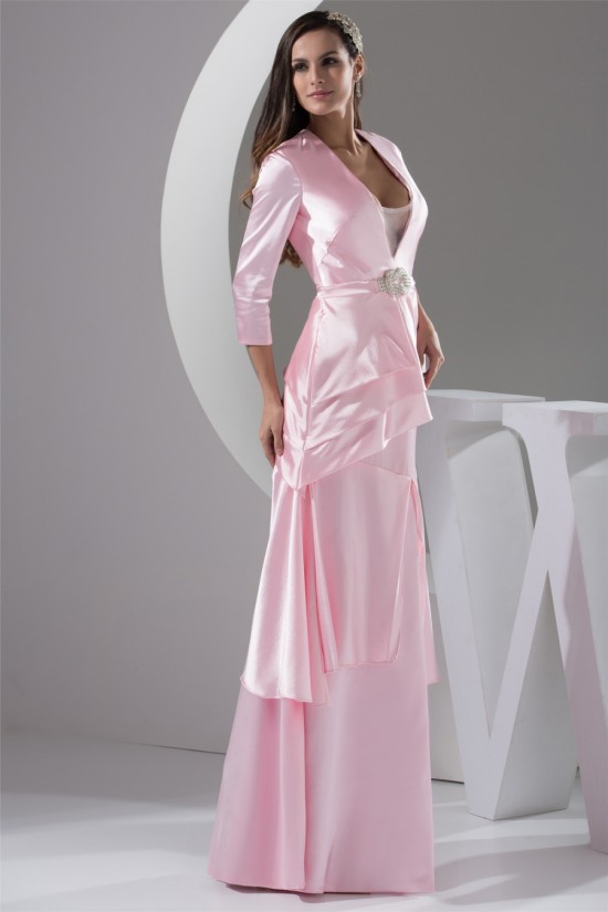 Long Sleeves Floor-Length A-Line Beading Long Pink Prom/Formal Evening Dresses 02020216
