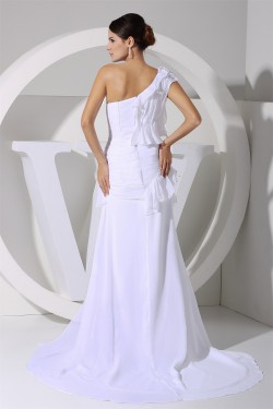 One-Shoulder A-Line Brush Sweep Train Sleeveless Long White Prom/Formal Evening Dresses 02020227