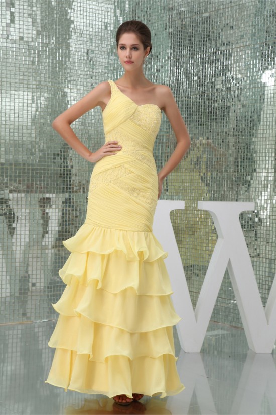Trumpet/Mermaid One-Shoulder Beading Chiffon Long Yellow Prom/Formal Evening Dresses 02020229