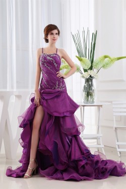 Puddle Train Beading A-Line Straps Satin Prom/Formal Evening Dresses 02020245