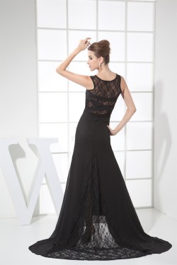 A-Line Sleeveless Strapless Long Black Chiffon and Lace Prom/Formal Evening Dresses 02020249