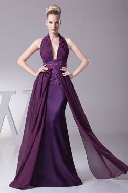 A-Line Ruffles Sleeveless Halter Chiffon Silk like Satin Prom/Formal Evening Dresses 02020253