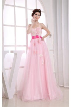 A-Line Sweetheart Satin Fine Netting Long Pink Beading Prom/Formal Evening Dresses 02020269