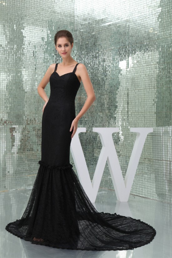 Elegant Trumpet/Mermaid Long Black Lace Brush Sweep Train Prom/Formal Evening Dresses 02020271