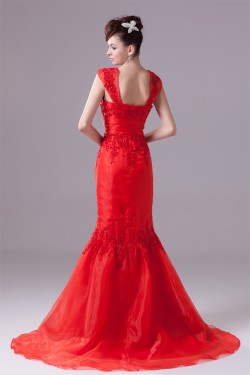 Satin Organza Capped Sleeves Square Mermaid/Trumpet Prom/Formal Evening Dresses 02020274