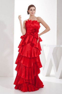 Satin Taffeta Brush Sweep Train Strapless Long Red Prom/Formal Evening Dresses 02020280
