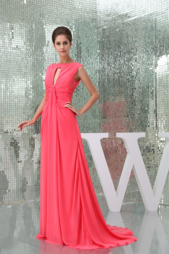 Scoop Chiffon Brush Sweep Train Long Prom/Formal Evening Dresses 02020282