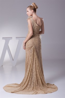 Sheath/Column Brush Sweep Train Pleats Lace Long Prom/Formal Evening Dresses 02020288