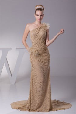 Sheath/Column Brush Sweep Train Pleats Lace Long Prom/Formal Evening Dresses 02020288