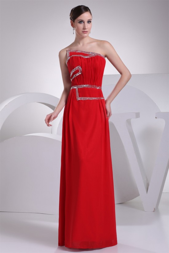 Sheath/Column Strapless Beading Long Red Chiffon Prom/Formal Evening Dresses 02020308