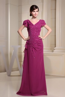 Cap Sleeve Beading Chiffon V-Neck Long Evening Formal Mother of The Bride Dresses 02020309