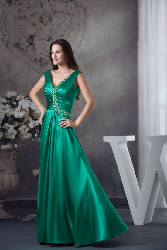 Silk like Satin Beading Floor-Length V-Neck Prom/Formal Evening Dresses 02020313