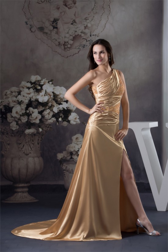 Silk like Satin Beading Sleeveless One-Shoulder Prom/Formal Evening Dresses 02020314