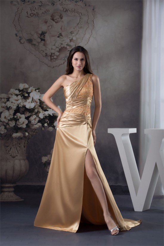Silk like Satin Beading Sleeveless One-Shoulder Prom/Formal Evening Dresses 02020314