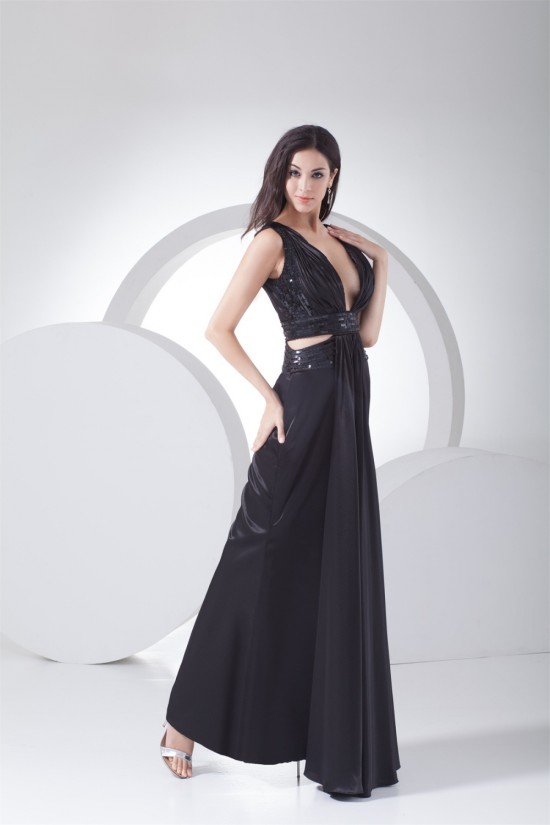 Silk like Satin Sleeveless Beading Brush Sweep Train Long Black Prom/Formal Evening Dresses 02020318