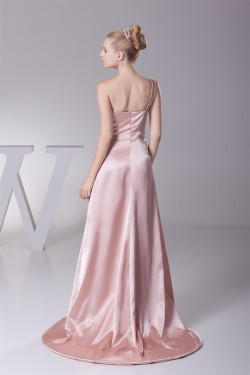 One-Shoulder Silk like Satin Sleeveless Brush Sweep Train Prom/Formal Evening Dresses 02020319