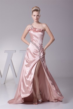 One-Shoulder Silk like Satin Sleeveless Brush Sweep Train Prom/Formal Evening Dresses 02020319