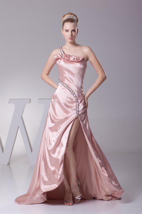 One-Shoulder Silk like Satin Sleeveless Brush Sweep Train Prom/Formal Evening Dresses 02020319 One-Shoulder Silk like Satin Sleeveless Brush Sweep Train Prom/Formal Evening Dresses 02020319