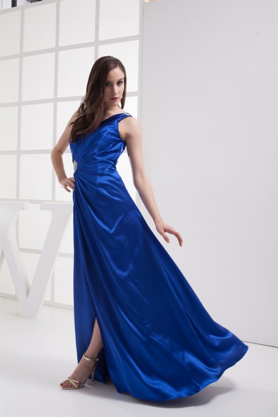 Sleeveless A-Line Silk like Satin Brush Sweep Train Long Blue Prom/Formal Evening Dresses 02020326