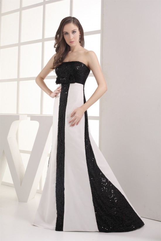 Sleeveless Bows A-Line Strapless Brush Sweep Train Sequins Prom Evening Formal Dresses 02020341