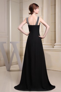 Beaded Long Black Brush Sweep Train Beading Scoop Prom/Formal Evening Dresses 02020342