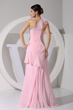 Elegant One-Shoulder Long Pink Chiffon Prom Evening Bridesmaid Dresses 02020347