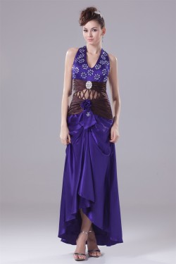 Handmade Flowers Elastic Woven Satin Beaded Halter Prom/Formal Evening Dresses 02020371