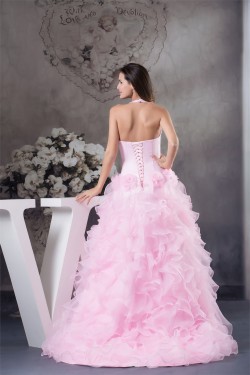 A-Line Sleeveless Satin Organza Brush Sweep Train Pink Prom/Formal Evening Dresses 02020379
