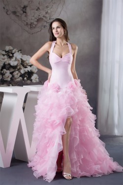 A-Line Sleeveless Satin Organza Brush Sweep Train Pink Prom/Formal Evening Dresses 02020379