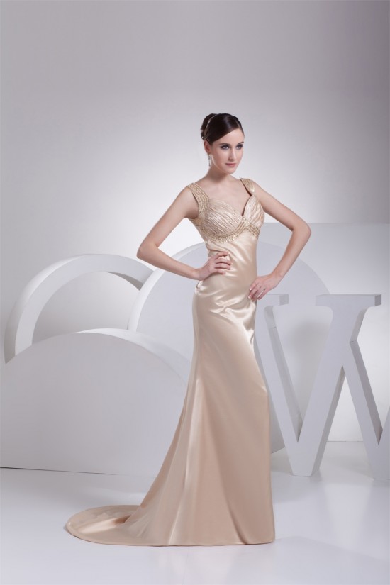 Trumpet/Mermaid Silk like Satin Brush Sweep Train Beaded Prom/Formal Evening Dresses 02020382