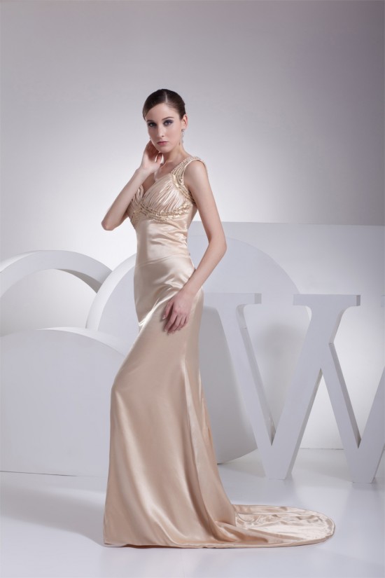 Trumpet/Mermaid Silk like Satin Brush Sweep Train Beaded Prom/Formal Evening Dresses 02020382