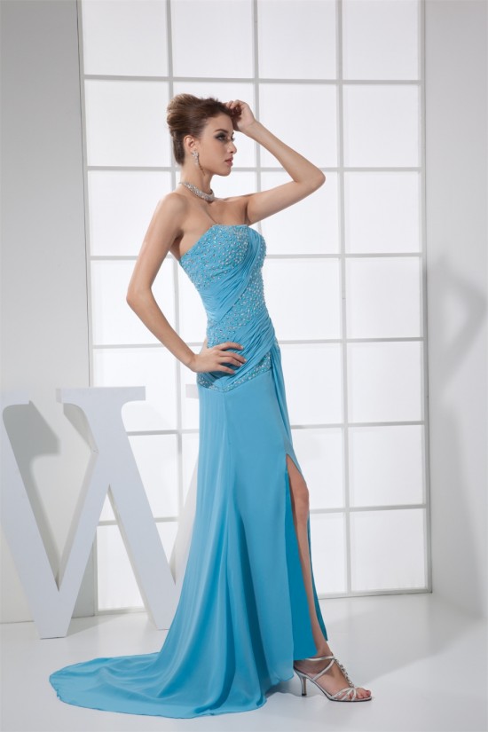 Sheath/Column Strapless Beading Chiffon Long Blue Prom/Formal Evening Dresses 02020403 Sheath/Column Strapless Beading Chiffon Long Blue Prom/Formal Evening Dresses 02020403
