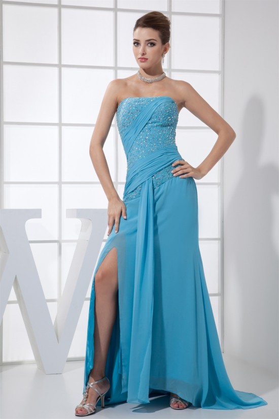 Sheath/Column Strapless Beading Chiffon Long Blue Prom/Formal Evening Dresses 02020403