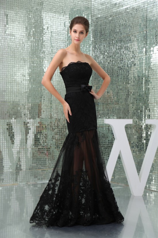 Elegant Strapless Sleeveless Floor-Length Chiffon Lace Long Black Prom/Formal Evening Dresses 02020411