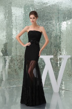 Elegant Strapless Sleeveless Floor-Length Chiffon Lace Long Black Prom/Formal Evening Dresses 02020411