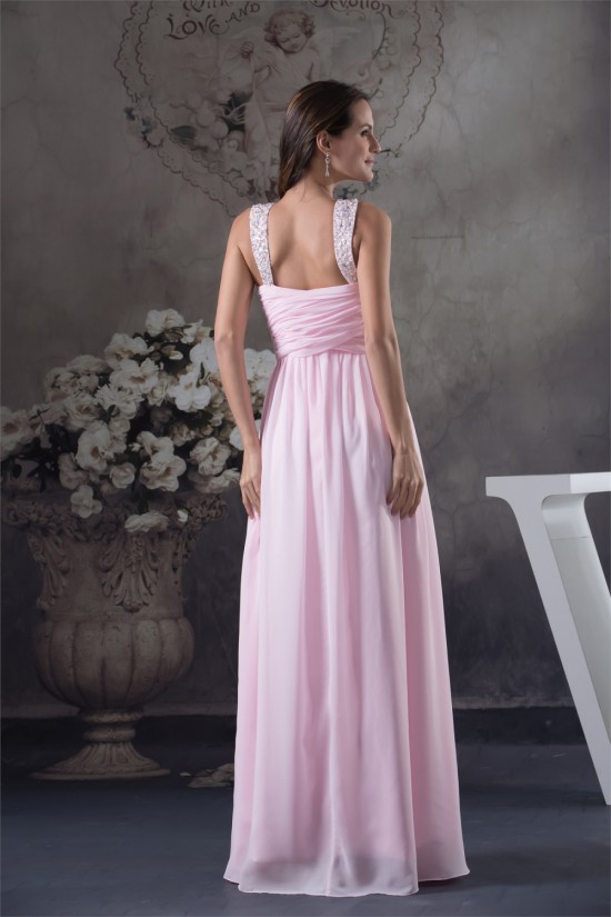Straps Chiffon Beading Long Pink Prom/Formal Evening Bridesmaid Dresses 02020414