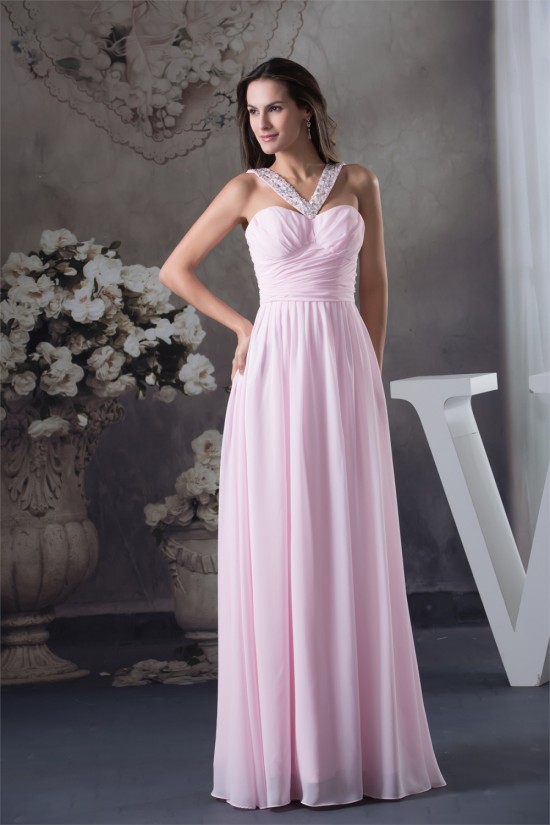 Straps Chiffon Beading Long Pink Prom/Formal Evening Bridesmaid Dresses 02020414