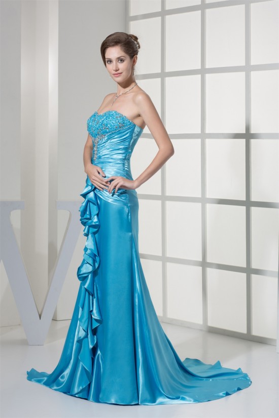 Sweetheart Ruched Elastic Woven Satin Puddle Train Prom/Formal Evening Dresses 02020434