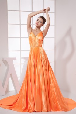 A-Line V-Neck Sleeveless Ruffles Brush Sweep Train Prom/Formal Evening Dresses 02020449