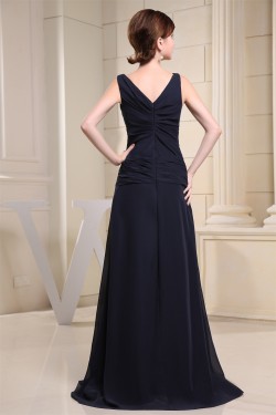 A-Line V-Neck Criss Cross Brush Sweep Train Chiffon Prom/Formal Evening Dresses 02020452