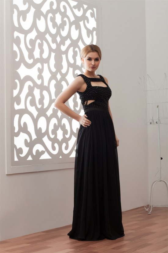 A-Line Beading Floor-Length Square Long Black Chiffon Prom/Formal Evening Dresses 02020456