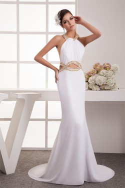 Trumpet/Mermaid Halter Chiffon Sleeveless Beaded Long White Prom/Formal Evening Dresses 02020458