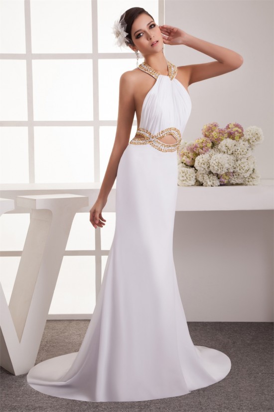 Trumpet/Mermaid Halter Chiffon Sleeveless Beaded Long White Prom/Formal Evening Dresses 02020458