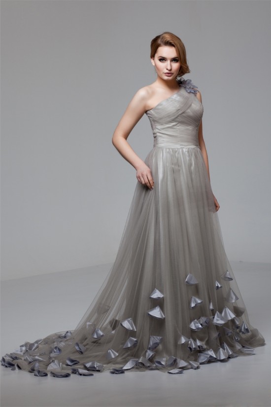A-Line One-Shoulder Fine Netting Sleeveless Prom/Formal Evening Dresses 02020460